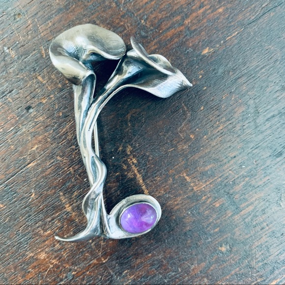 Vintage Sterling Silver Amethyst Calla Lily Floral Pin Brooch - Picture 4 of 13